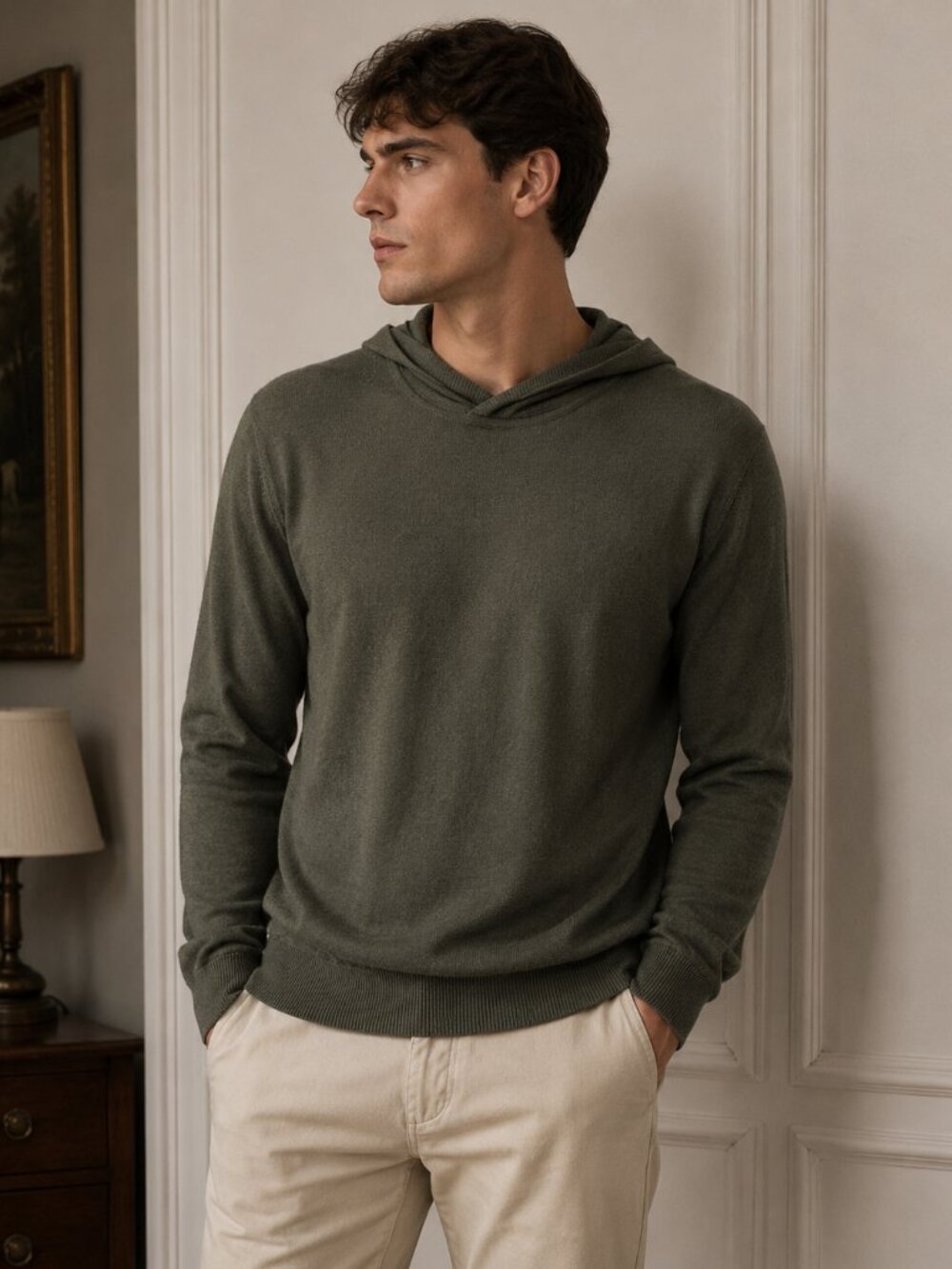 Vince Merino Wool Hoodie Sweater Olive Green Luxury Knit Men’s M Lightweight